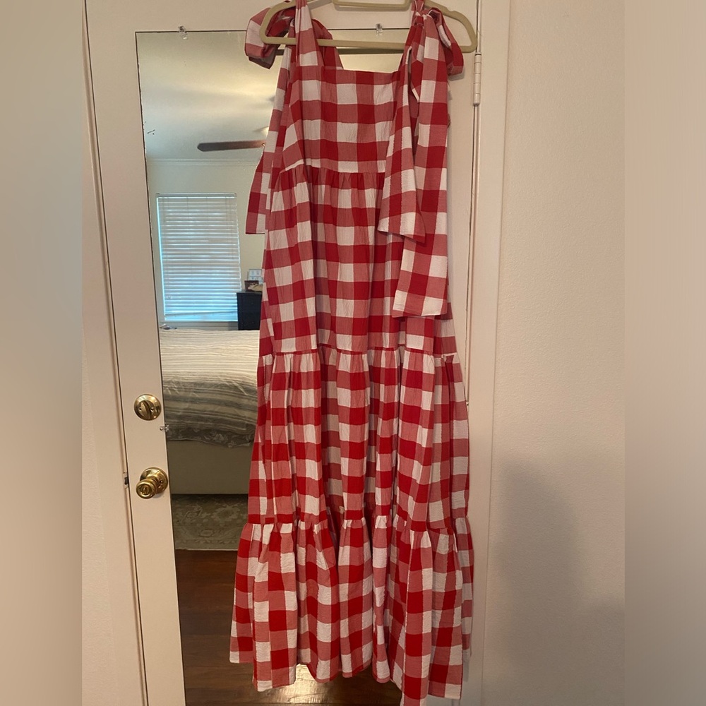 Red and white gingham maxi dress with tie shoulders